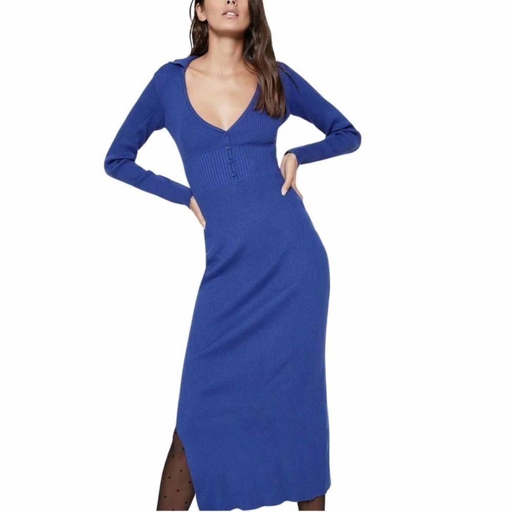 NEW Bardot Women's Knit Ribbed Bodycon Midi Dress Long Sleeve Buttons Blue XS
